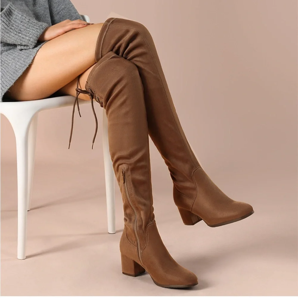 DREAM PAIRS Laurence Chunky Heel Thigh High Boots Brown-Suede Size 9